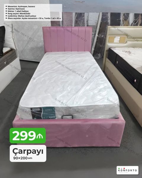 Məhsul: Tək nəfərlik çarpayı – 90×200 sm Xüsusiyyətlər: - Mexanizm — Konforto Mebel — Çarpayılar