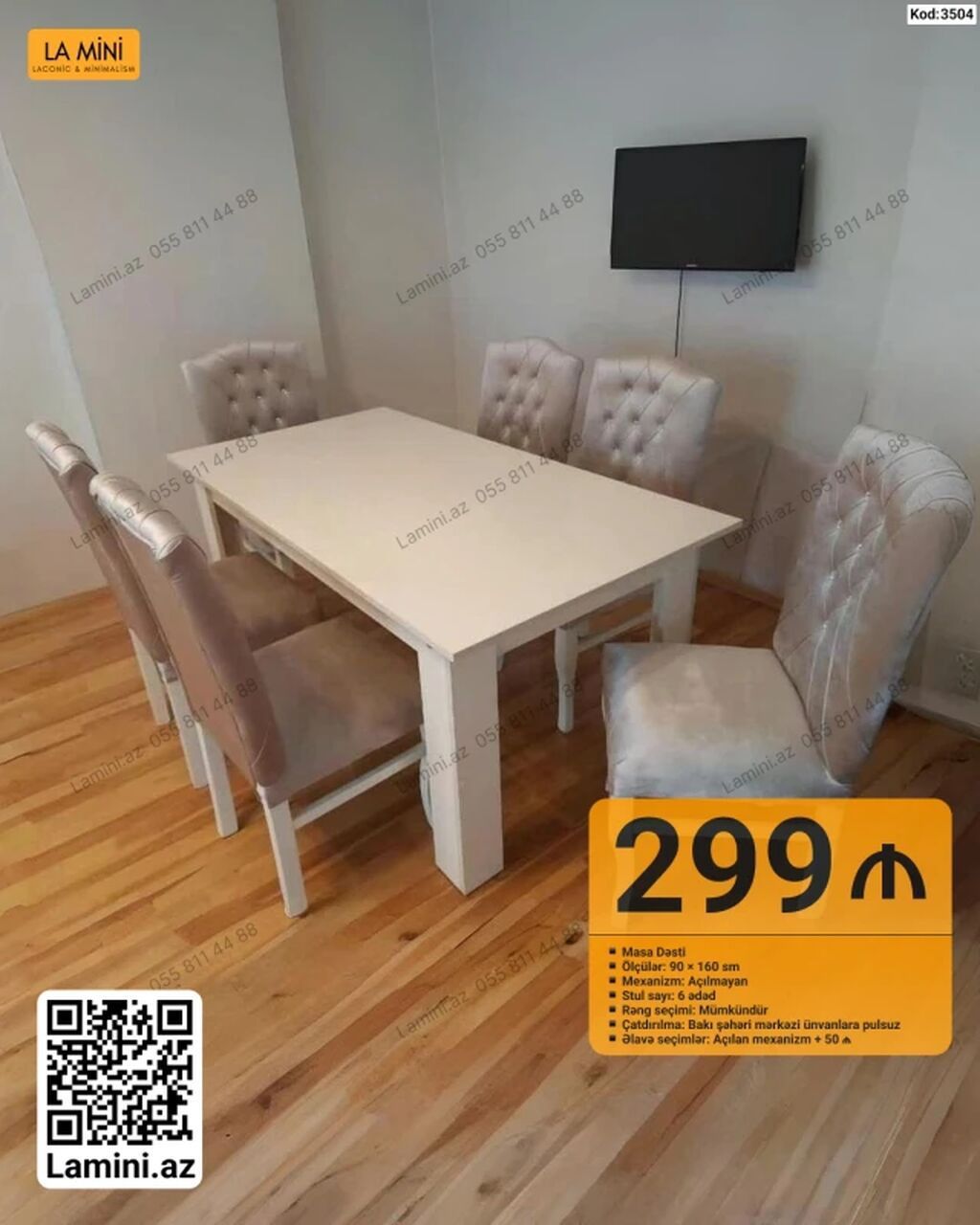 Məhsul: Masa dəsti (Kod: 3504) Tərkibi: - 1 ədəd düzbucaqlı masa - 6 — Mebel, Bakı