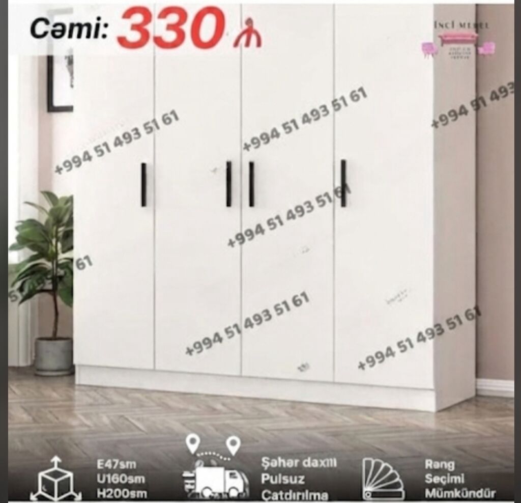 Yeni, 4 qapılı, Siyirməli, Ağ, Açılan, Düz dolab