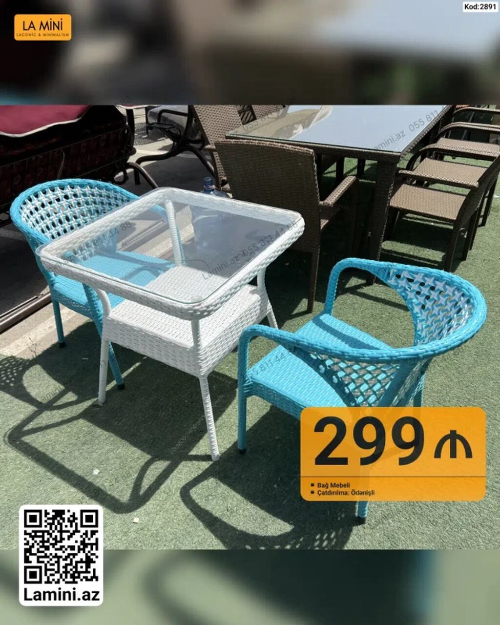 Bağ mebeli dəsti – 1 ədəd şüşə üstlü kvadrat masa + 2 ədəd kreslo -