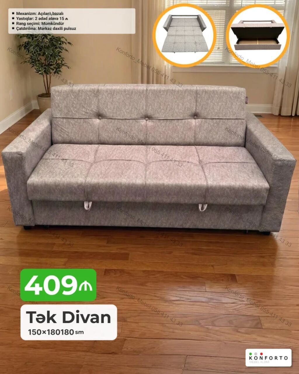 Tək Divan – 150×180×80 sm - Mexanizm: açılan, bazalı (yataq — Mebel, Bakı