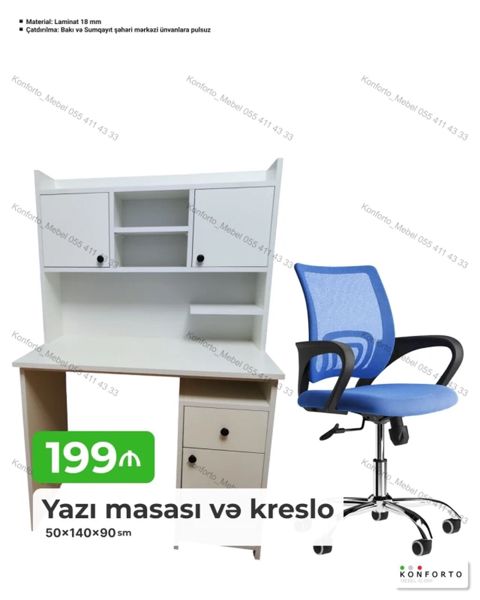 Yazı masası və kreslo dəsti - Masa ölçüləri: 50 × 140 × 90 sm -