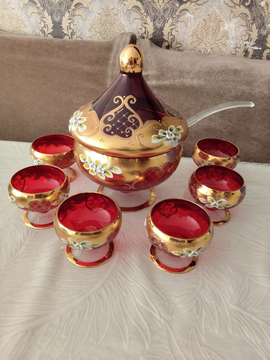 Qırmızı-qatlı şüşədən hazırlanmış büllur punch/kompot dəsti - — Mallar, Gəncə (4)