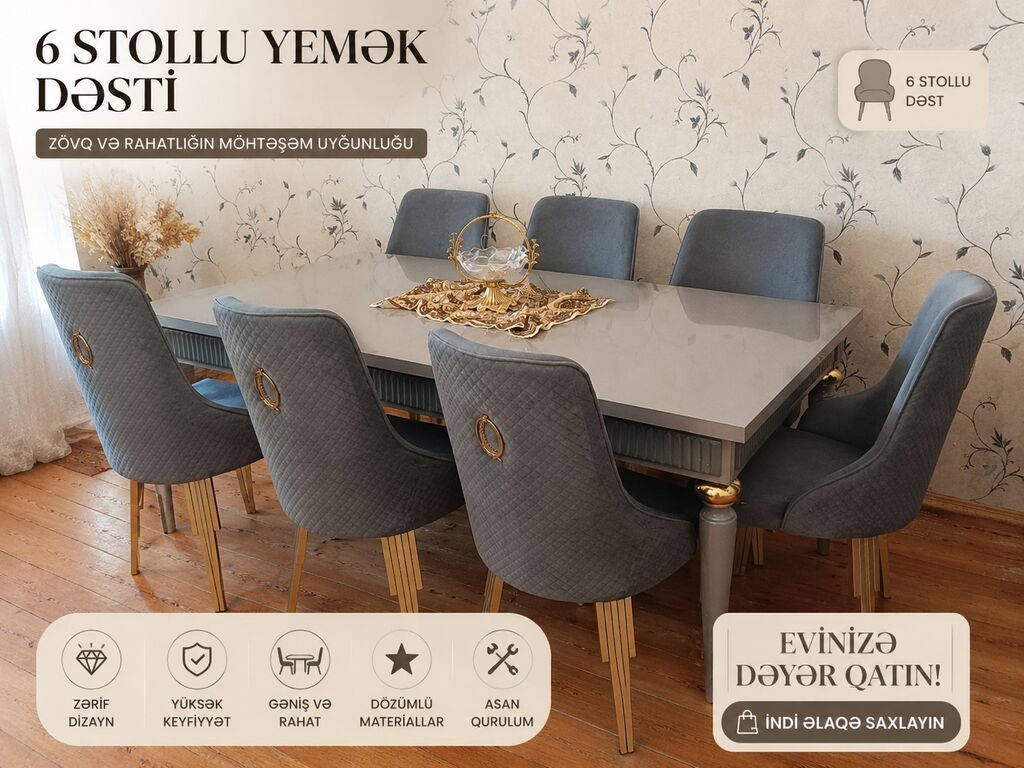 6 stullu yemək dəsti - Tərkib: 1 ədəd düzbucaqlı masa + 6 ədəd stul - — Mebel, Gəncə (3)