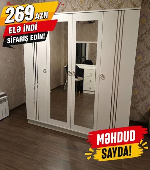 Ağ rəngli 4 qapılı paltar şkafı (güzgülü)