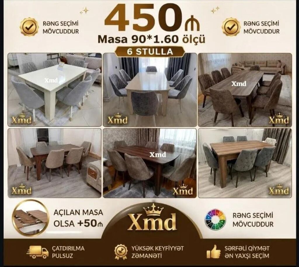 Yemək otağı üçün masa və stul dəsti - Masa ölçüsü: 90×160 sm -