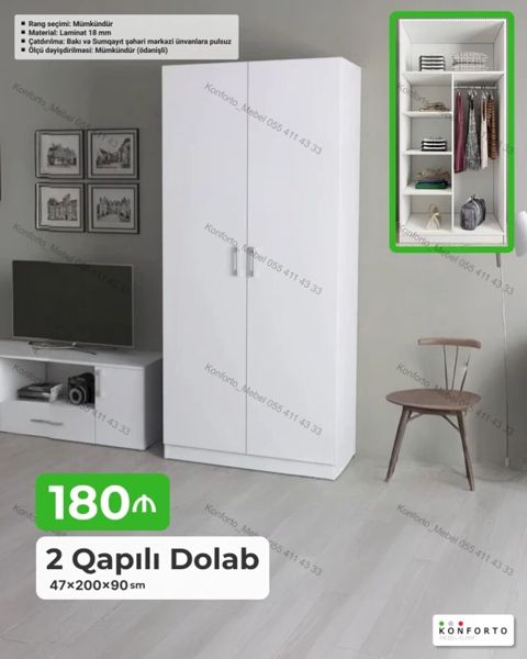2 qapılı geyim dolabı - Ölçü: 47 × 200 × 90 sm - Material: 18 mm