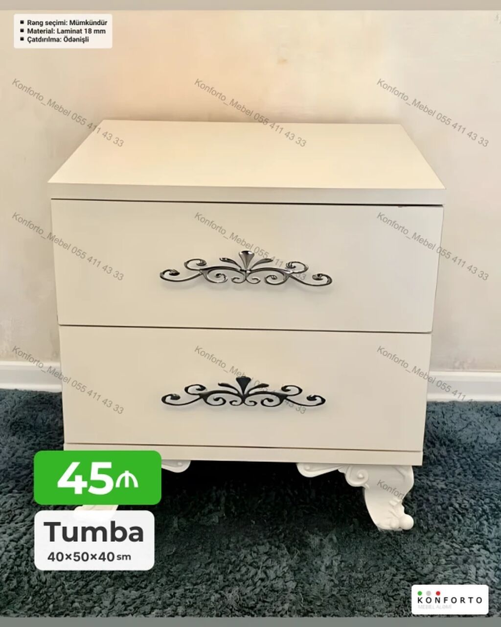 Tumba – dekorativ naxışlı, 2 çekmecəli - Ölçü: 40×50×40 sm - Material — Komodlar və tumbalı, Bakı