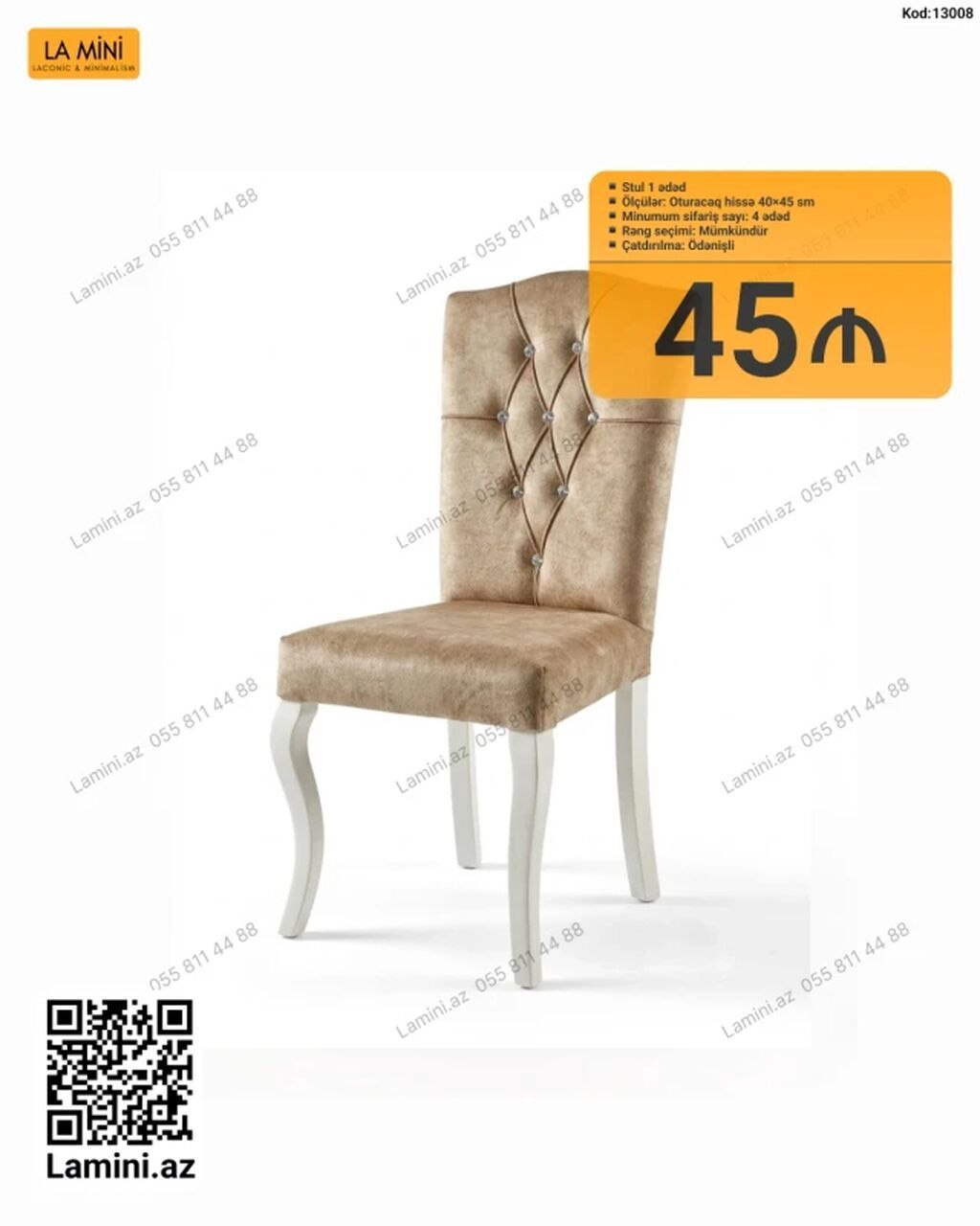 Stul – 1 ədəd - Oturacaq hissə: 40×45 sm - Rəng seçimi: mümkündür -