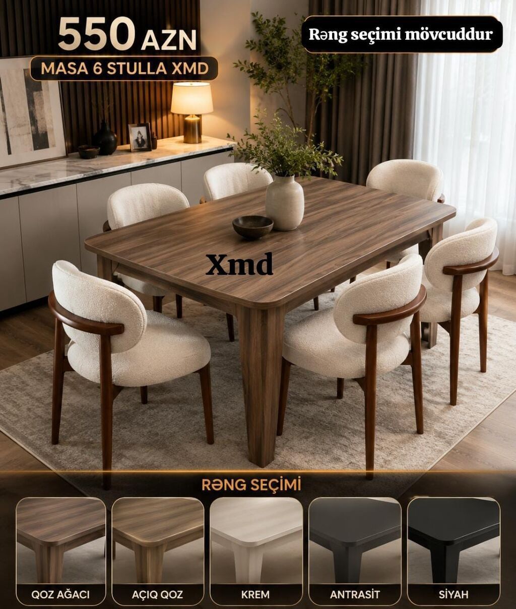 Yemək otağı dəsti – masa + 6 stul - Komplekt: 1 masa və 6 stul (XMD)