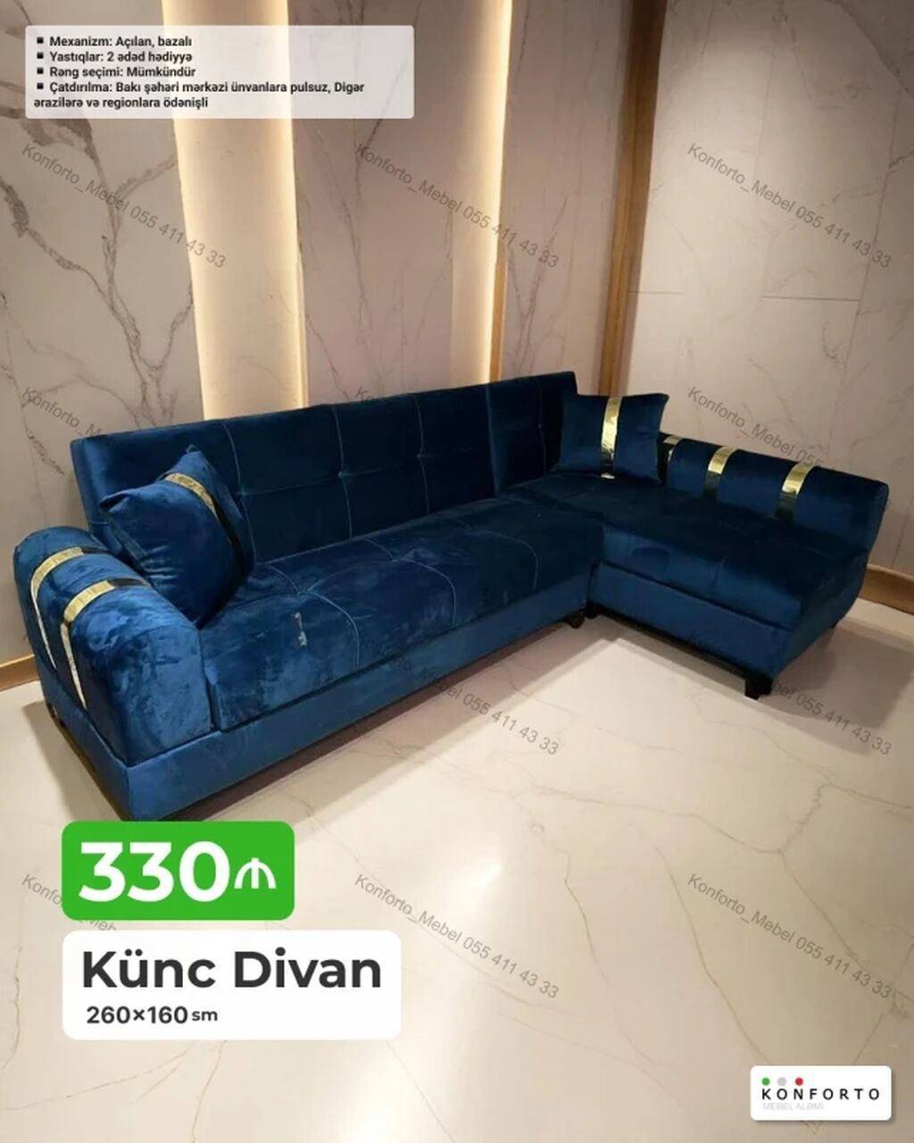 Künc divan – 260×160 sm - Mexanizm: açılan, bazalı - Yastıqlar: 2
