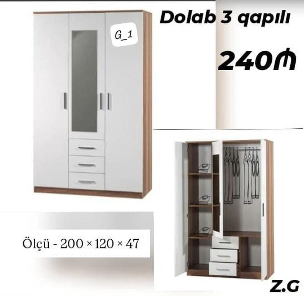 Dolab – 3 qapılı, güzgülü model. - Ölçü: 200 × 120 × 47 sm - Rəng və
