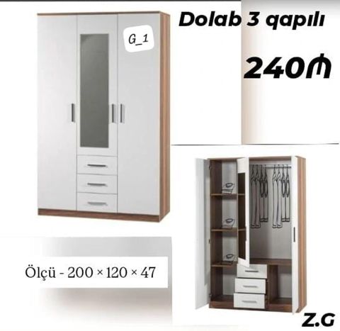 Dolab – 3 qapılı, güzgülü model. - Ölçü: 200 × 120 × 47 sm - Rəng və