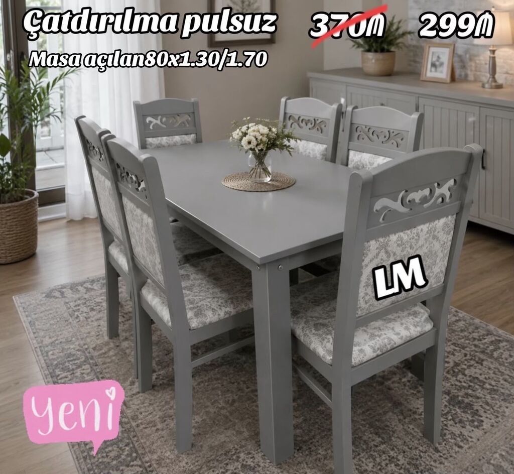 *Masa dəsti* _*MASA +6 STULL💥*_ Masa açılan : 80x1.30/1.70+6stul — Masalar və stullar, Bakı