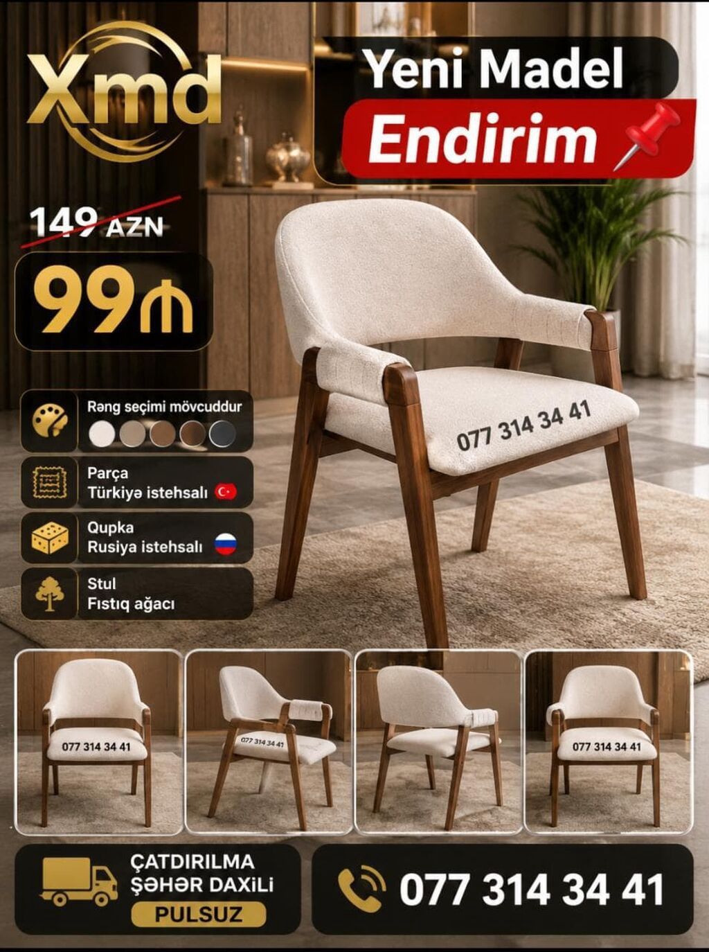 Yeni model yumşaq oturacaqlı taxta stul - Material: Fıstıq ağacından