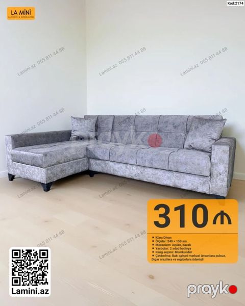 L‑şəkilli künc divan - Ölçülər: 240 150 sm - Mexanizm: açılan — Bakı
