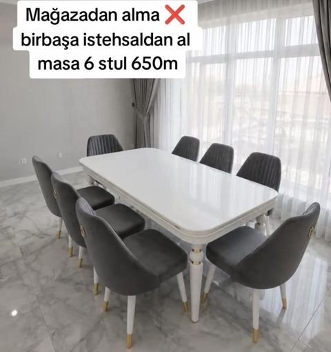 Ağ rəngli yemək masası və 6 ədəd stul dəsti - Masa: parlaq ağ üst