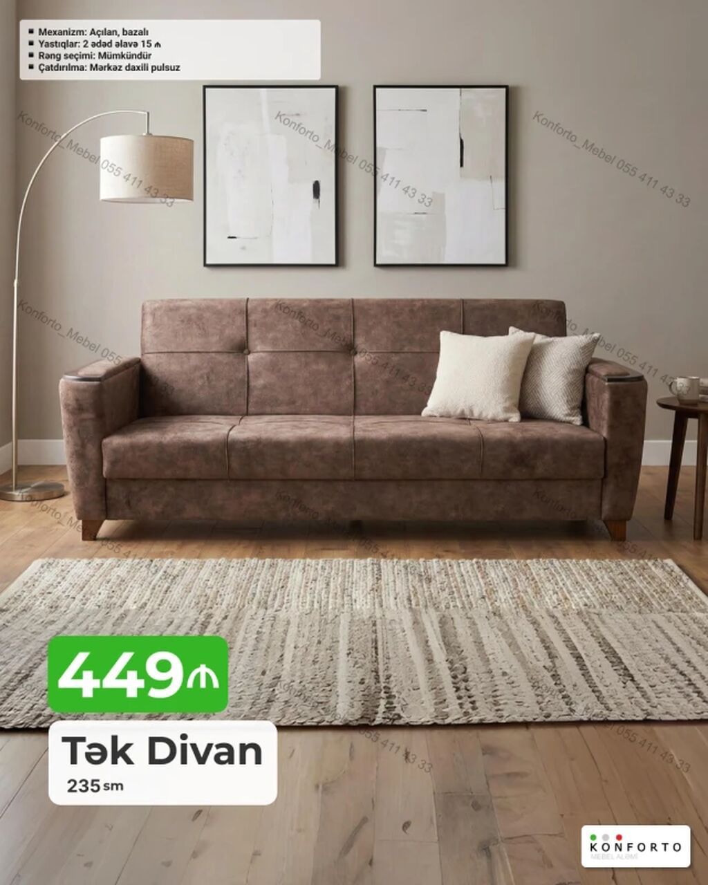 Tək divan – 235 sm - Mexanizm: açılan, bazalı (yataq funksiyası və iç — Mebel, Bakı