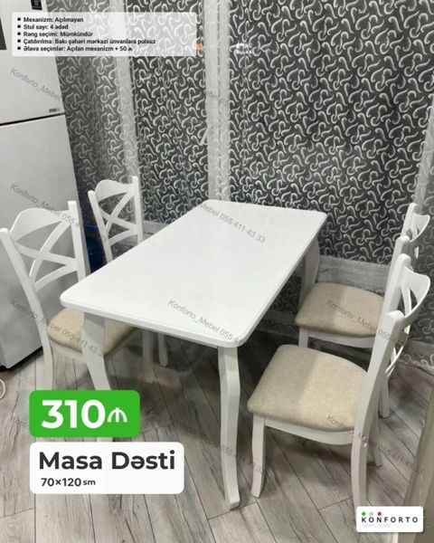 Masa dəsti – 70×120 sm Tərkibi: - 1 ədəd düzbucaqlı masa - 4 ədəd — Konforto Mebel — Soft furniture sets
