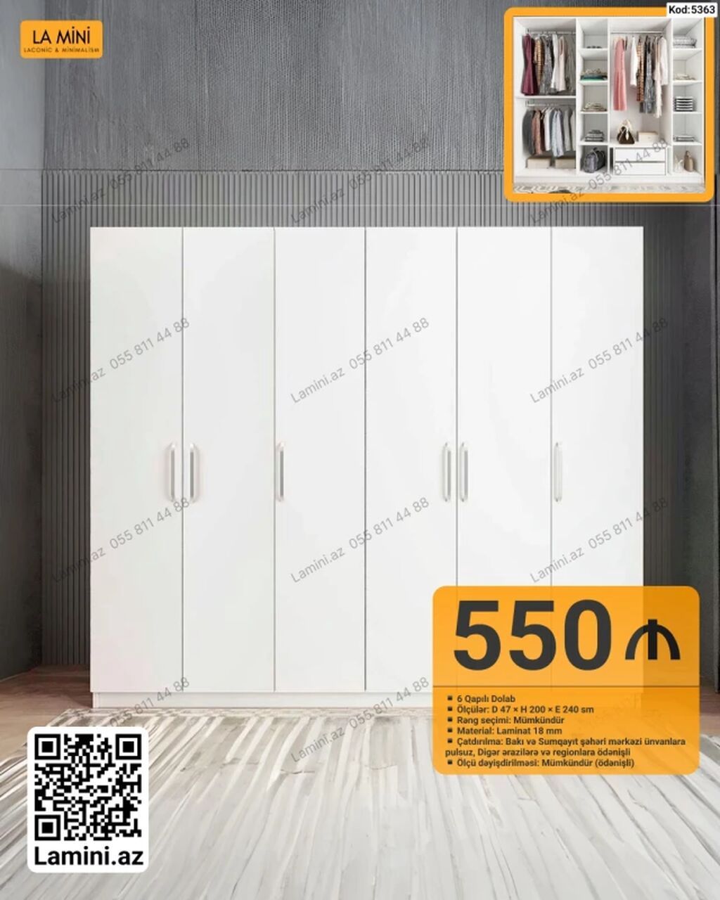 6 qapılı dolab – La Mini - Ölçü: D 47 x H 200 x E 240 sm - Rəng