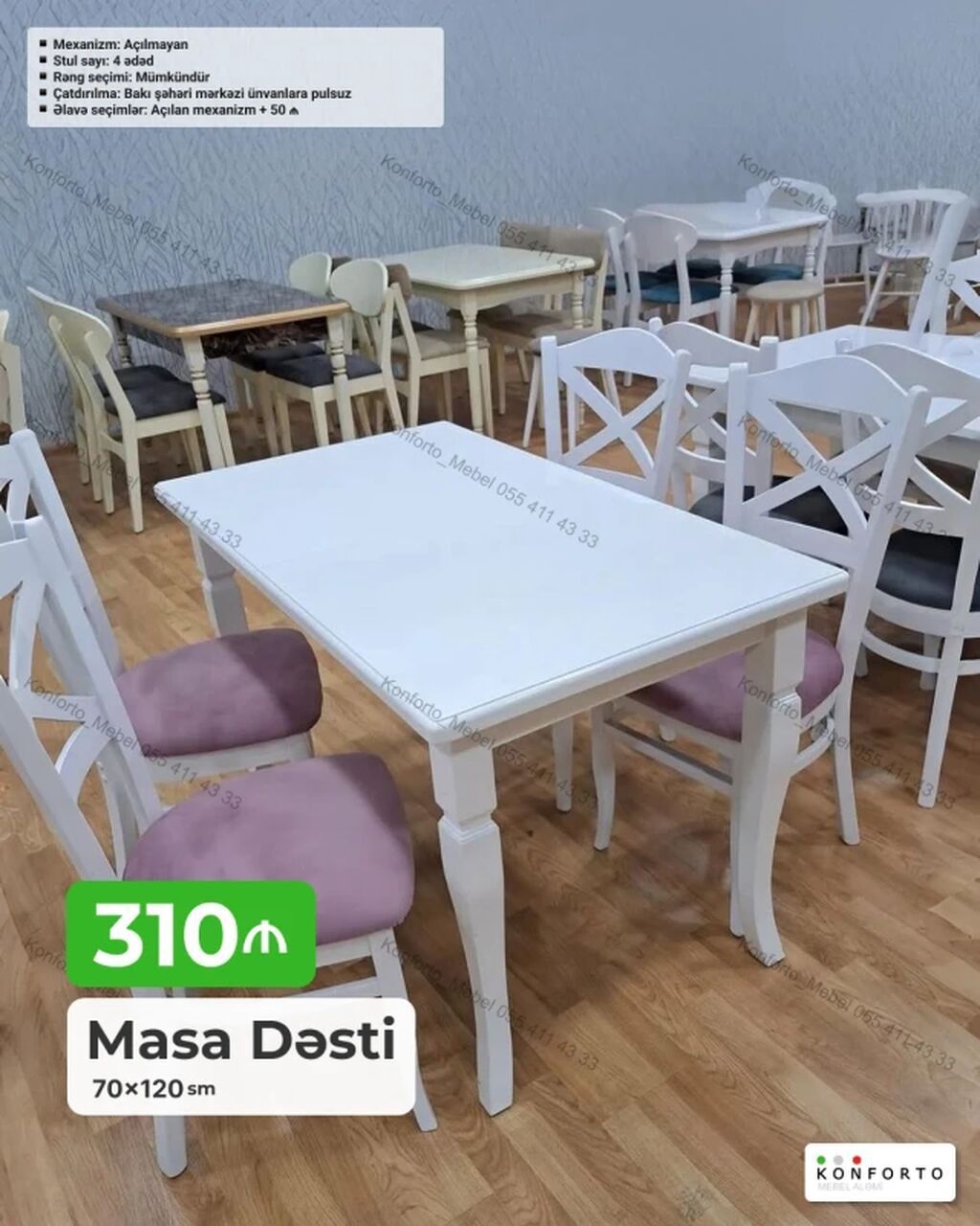 Məhsul: Masa dəsti Ölçü: 70×120 sm Tərkib: 1 ədəd masa + 4 ədəd — Mebel, Bakı