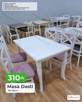 Məhsul: Masa dəsti Ölçü: 70×120 sm Tərkib: 1 ədəd masa + 4 ədəd — Ürünler