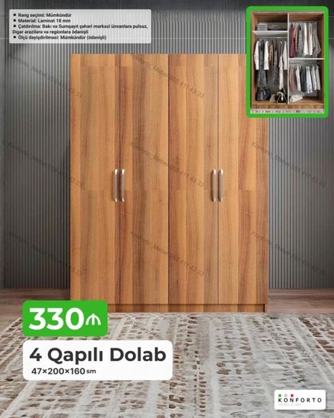 4 qapılı paltar dolabı – laminat 18 mm. Ölçü: 47×200×160 sm. Daxili — Konforto Mebel — Şkaflar
