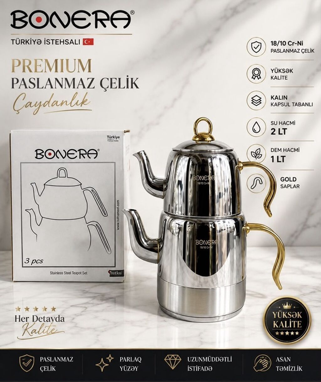 Bonera Premium Paslanmaz Polad Çaydanlıq Dəsti - Türkiyə istehsalı -