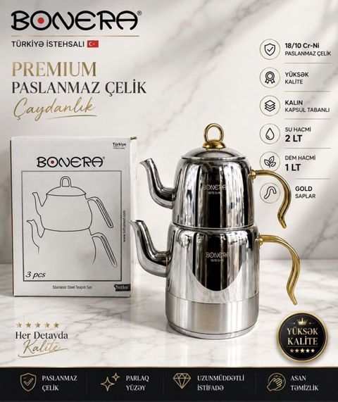 Bonera Premium Paslanmaz Polad Çaydanlıq Dəsti - Türkiyə istehsalı -