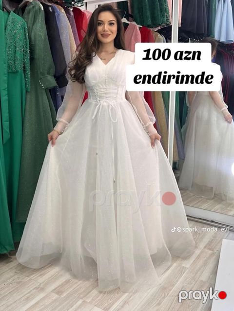 Ağ rəngli zərif ziyafət/libas geyimi - A-şəkilli, uzun ətəkli model -