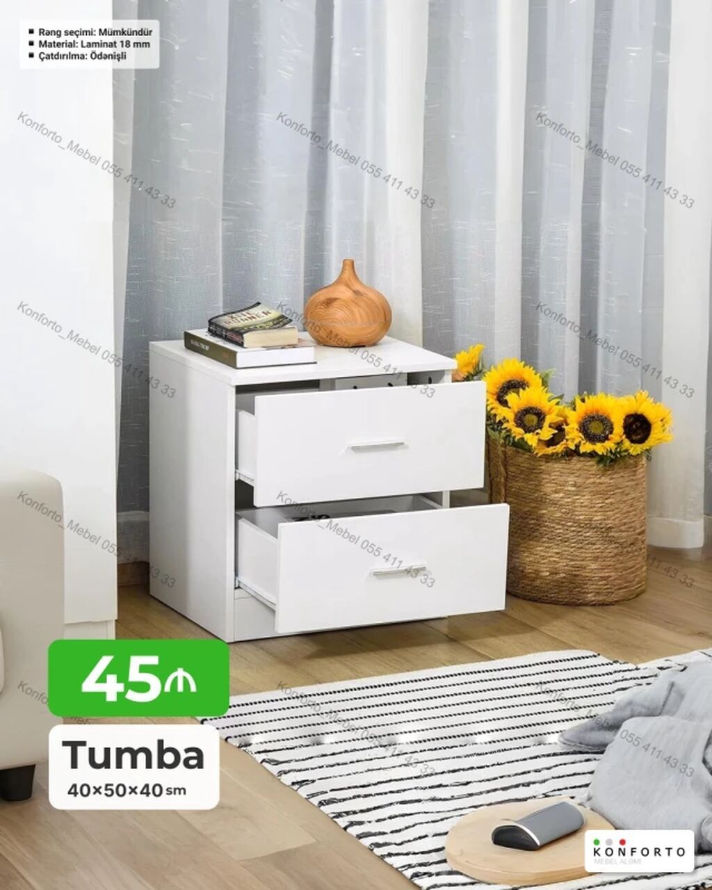 Ağ rəngli 3 çekmeceli tumbə - Ölçü: 40×50×40 sm - Material: 18 mm — Mebel, Bakı