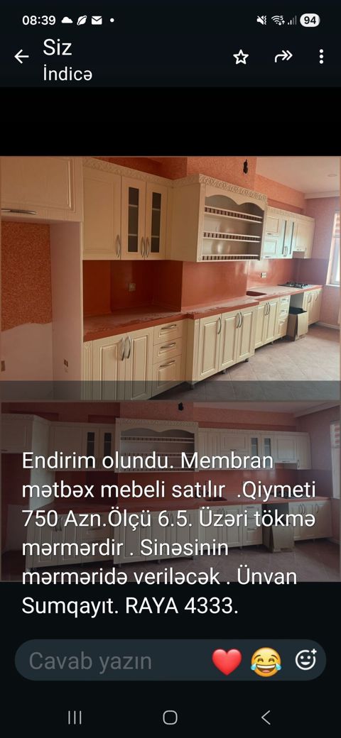 Membran mətbəx mebeli - Ölçü: 6.5 m - Üst lövhə: tökmə mərmər - Sınaq — Sumqayıt