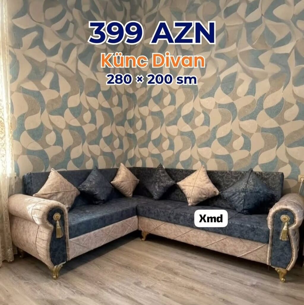 Künc divan – ölçü: 280 × 200 sm. Rahat L formalı dizayn, qızılı dekor