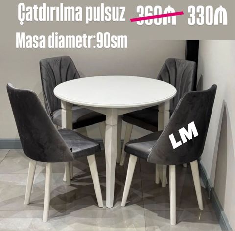 Dairəvi yemək masası və 4 ədəd stul dəsti - Masa diametri: 90 sm -