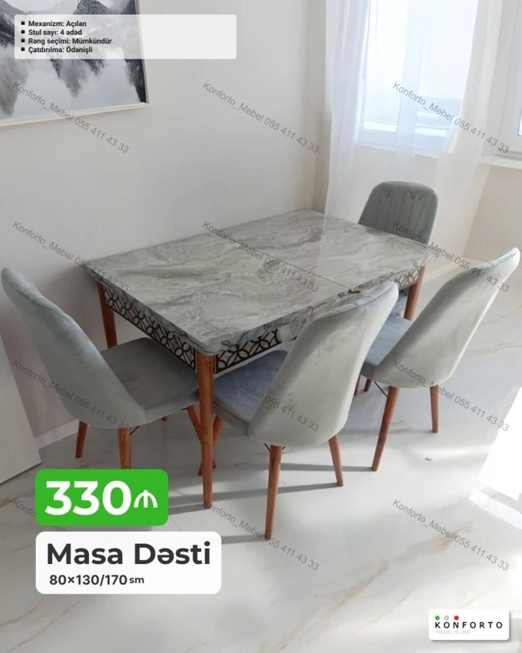 Masa Dəsti – 80×130/170 sm - Açılan mexanizmli masa: qonaq sayına
