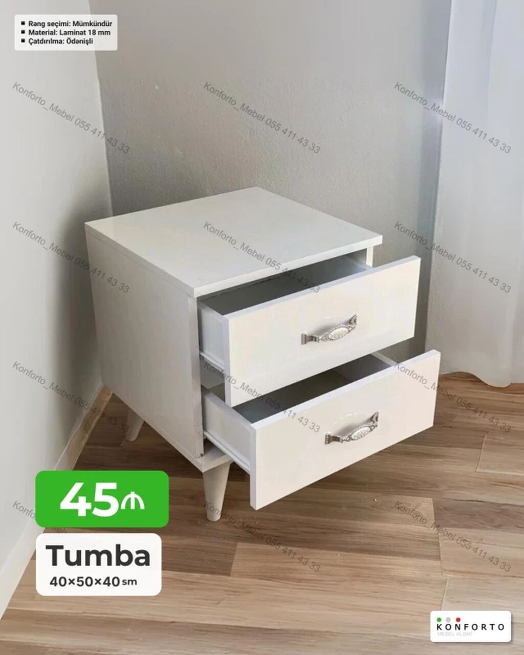 Ağ rəngli tumbə – 2 çekmecəli, kompakt və funksional model. Ölçülər