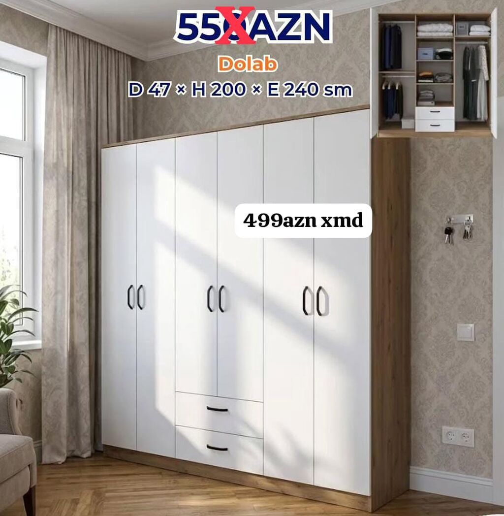Məhsul: Geniş paltar dolabı Ölçülər: - Dərinlik: 47 sm - Hündürlük — Mebel, Masazır
