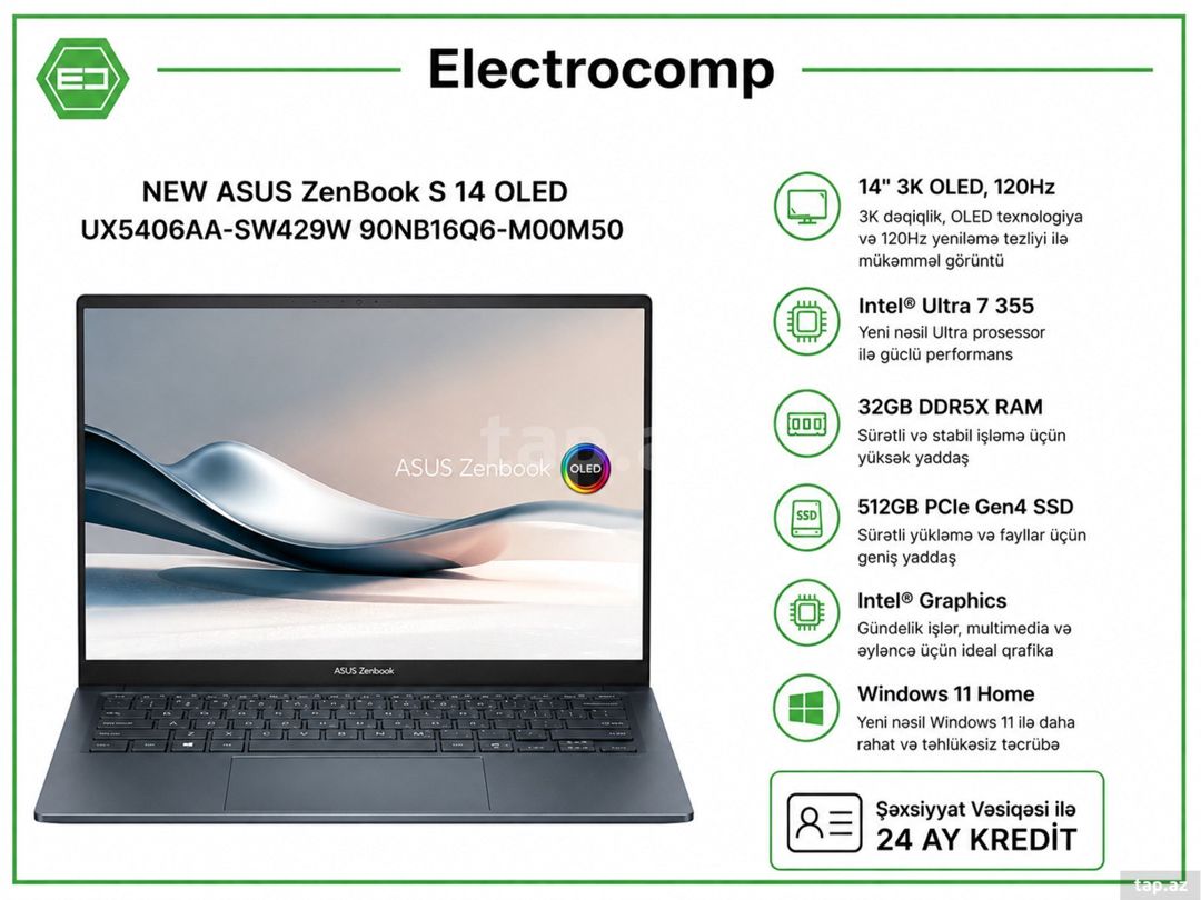Notebook ASUS ZenBook S 14 OLED — Elektronika, Bakı