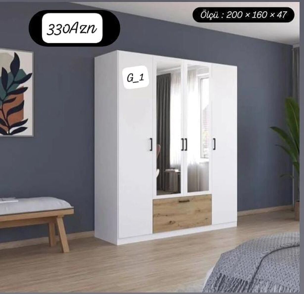 G_1 geyim dolabları Model 1 – 2 qapılı (ağ) - Ölçü: 200 × 90 × 47 sm — Mebel, Mehdiabad (6)