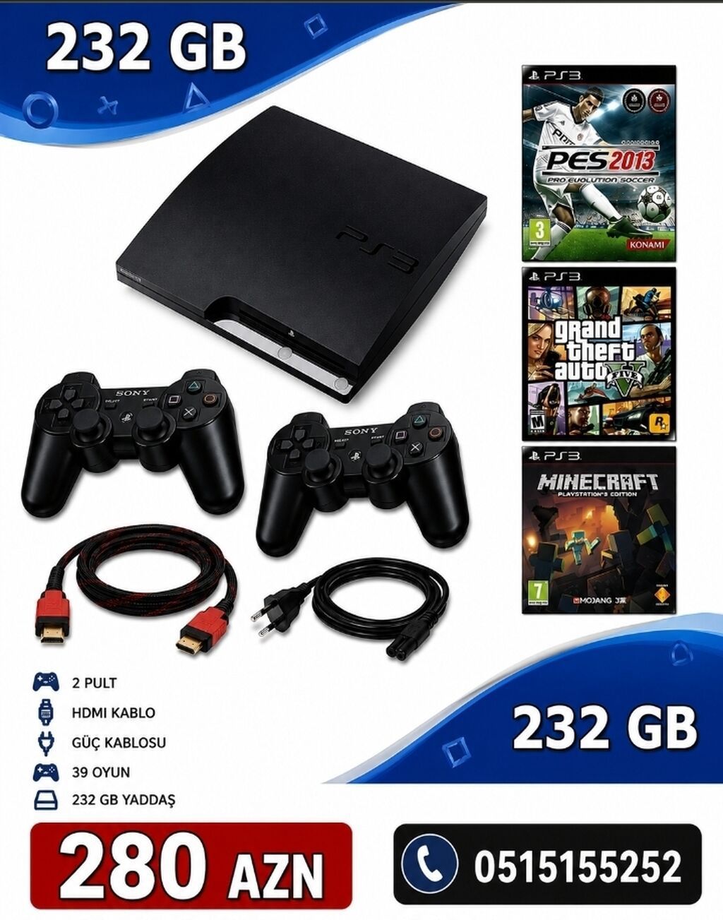 PS3 oyun konsolu paketi – 232 GB yaddaş Komplekt: - PlayStation 3
