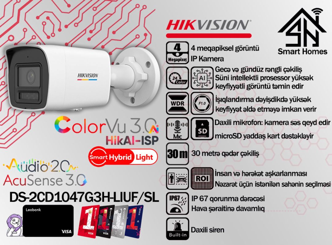 Hikvision ColorVu 3.0 4MP IP videomüşahidə kamerası DS-2CD1047G3H-LIUF/SL — Təhlükəsizlik sistemləri, Bakı