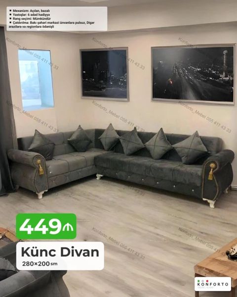 Künc divan – 280×200 sm - Mexanizm: AÇILAN, bazalı (yataq funksiyası — Konforto Mebel — Sofas