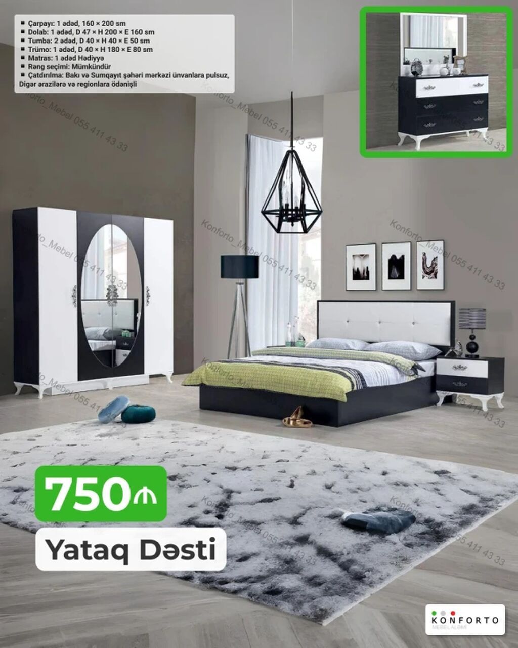 Yataq Dəsti – 750₼ Dəst tərkibi və ölçülər: - Çarpayı: 1 ədəd, 160 ×