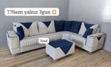 Künc divan dəsti – ağ və tünd mavi, qızılı dekor — Sofas