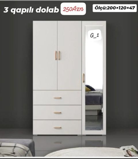 3 qapılı dolab - Ümumi ölçü: 200 × 120 × 47 sm - Rəng: açıq/boz-ağ