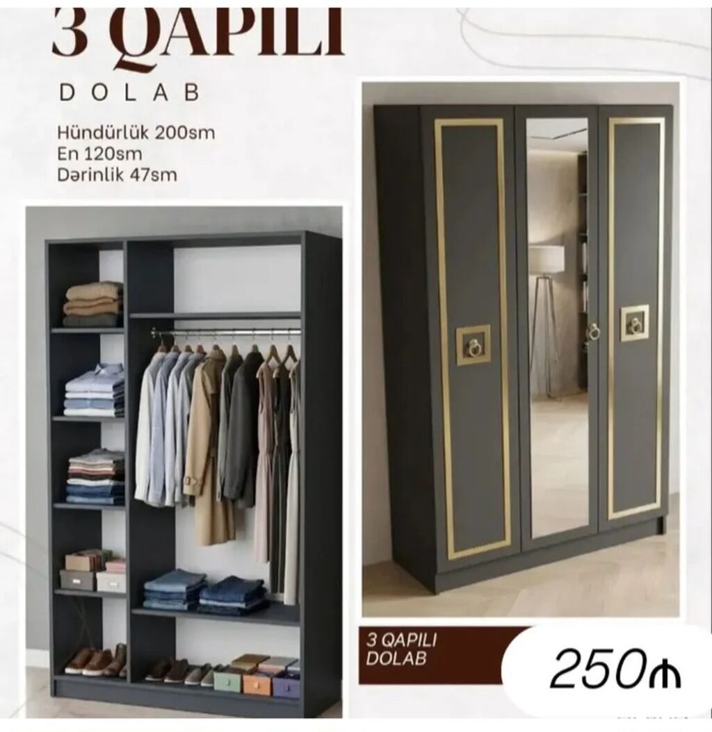 3 qapılı paltar dolabı Ölçülər: - Hündürlük: 200 sm - En: 120 sm -