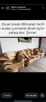 Divan-kreslo dəsti – açılıb yataq olur. Şirvan. Xüsusiyyətlər: - — Şirvan Şeheri Elanlar 10%le elan olunur.