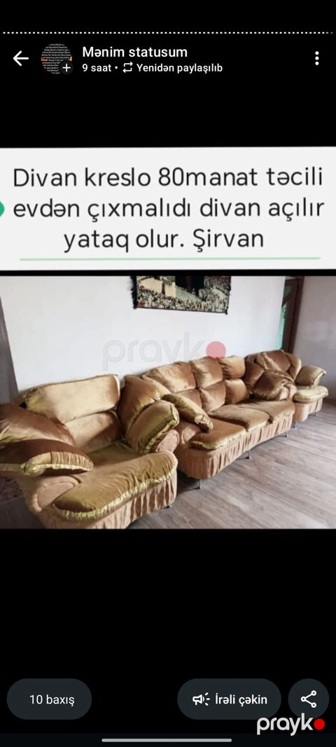 Divan-kreslo dəsti – açılıb yataq olur. Şirvan. Xüsusiyyətlər: -