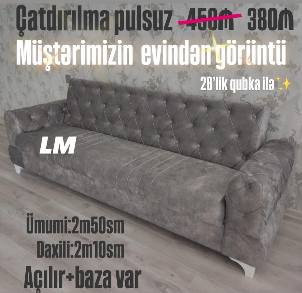 Boz parça üzlü açılan divan, bazalı, 2m50sm
