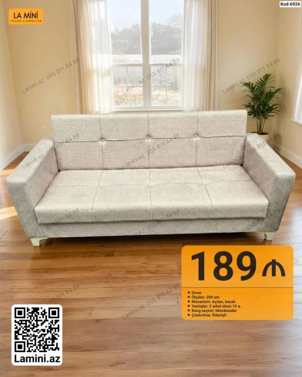 Məhsul: Divan (Kod: 6926) - Ölçü: 200 sm - Mexanizm: Açılan, bazalı — Mebel, Bakı